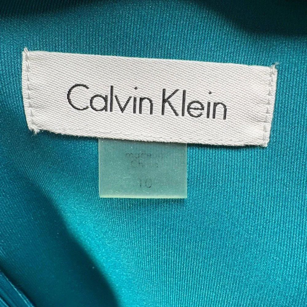 Calvin Klein Scuba Knit Sheath Dress Size 10 Teal Blue Buckle Cut Out Career - Picture 6 of 7